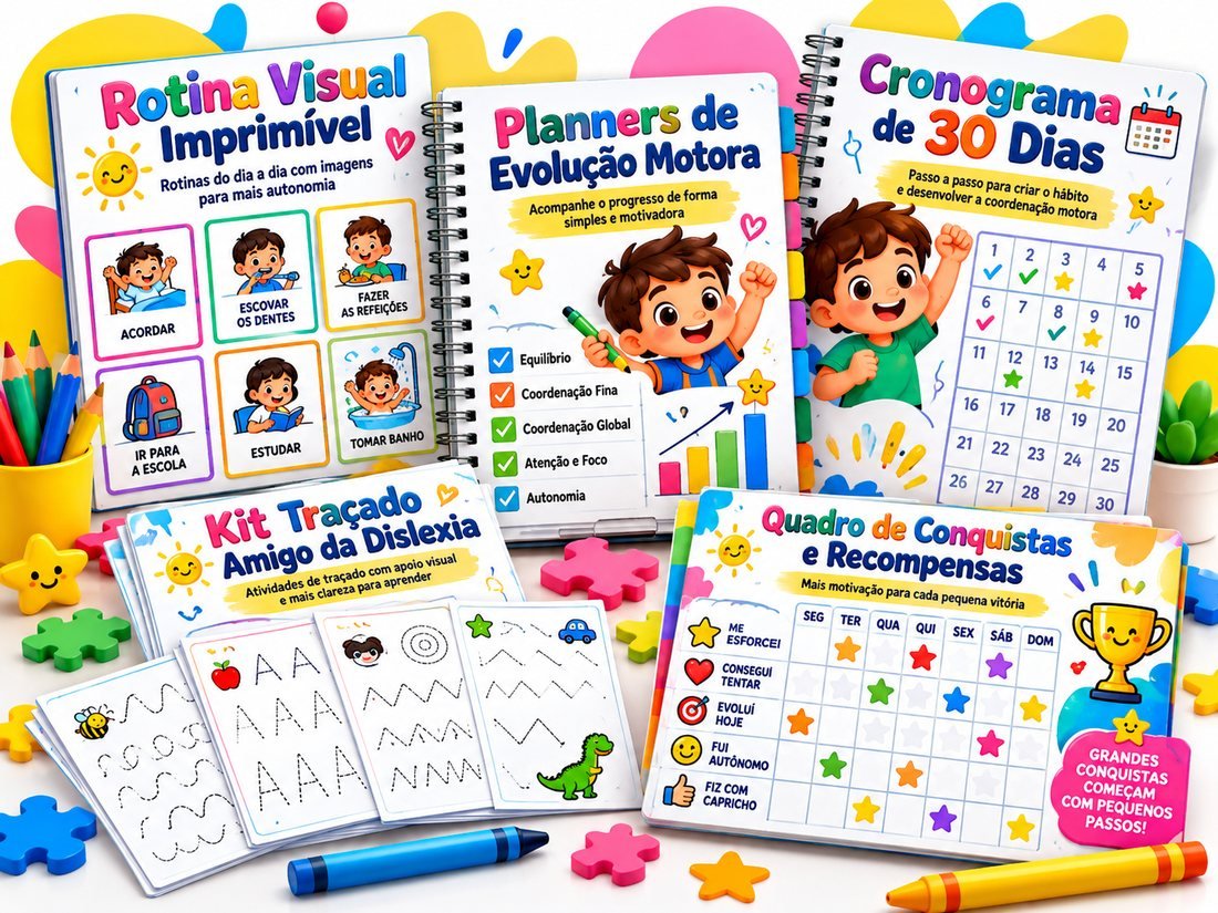 Os 5 bônus: Rotina Visual Imprimível, Planner de Evolução Motora, Cronograma de 30 Dias, Kit Traçado Amigo da Dislexia e Quadro de Conquistas e Recompensas